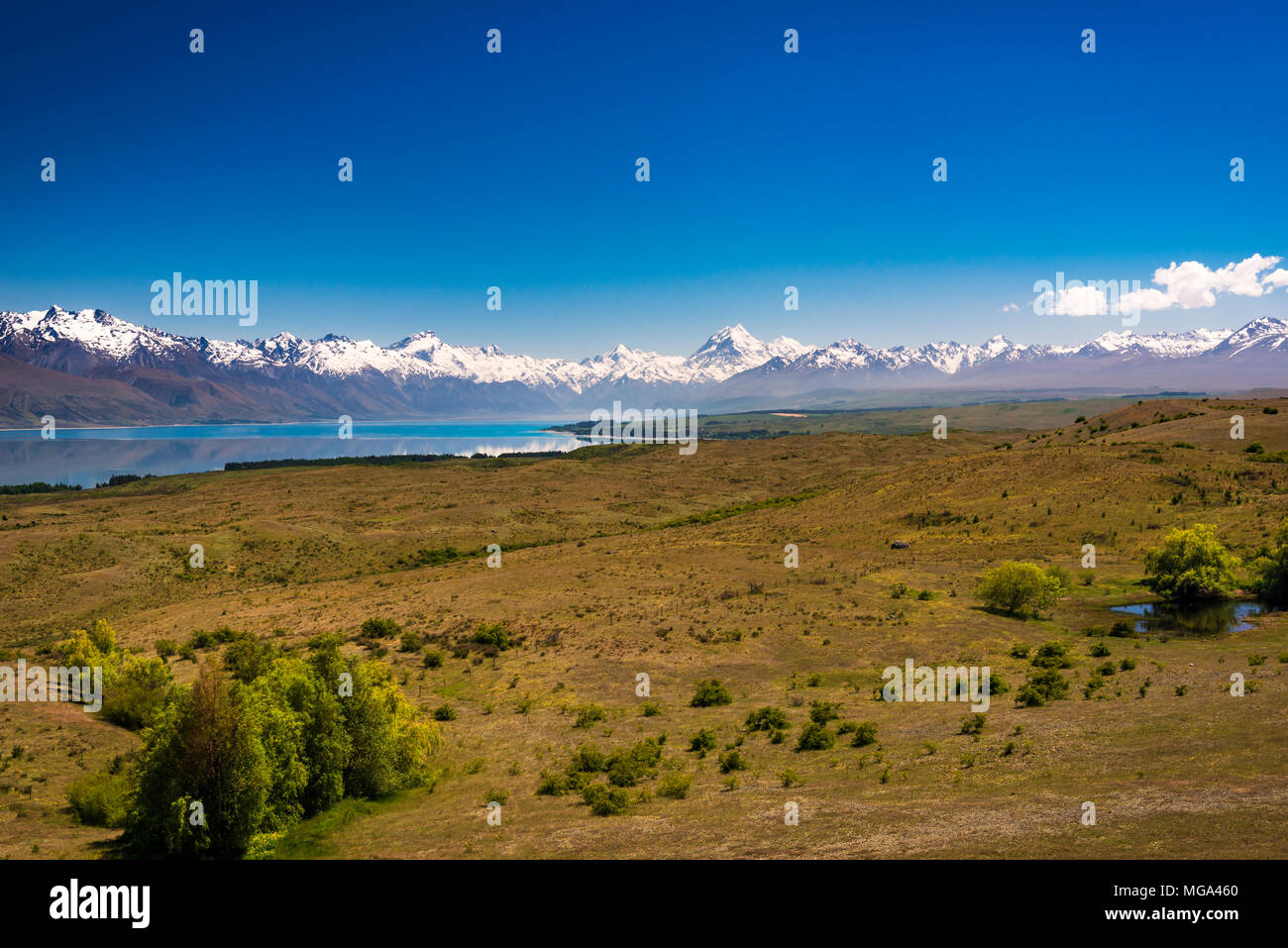 Der Mount Cook und Südlichen Alpen von Lake Pukaki, Canterbury, Südinsel, Neuseeland Stockfoto