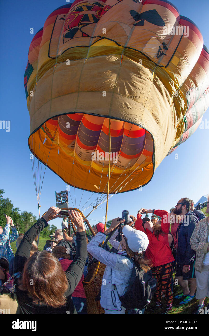 Eine Masse von vacationing Fotografen umschwirren eine aufsteigende heiße Luft Ballon an einem Connecticut Balloon Festival Stockfoto