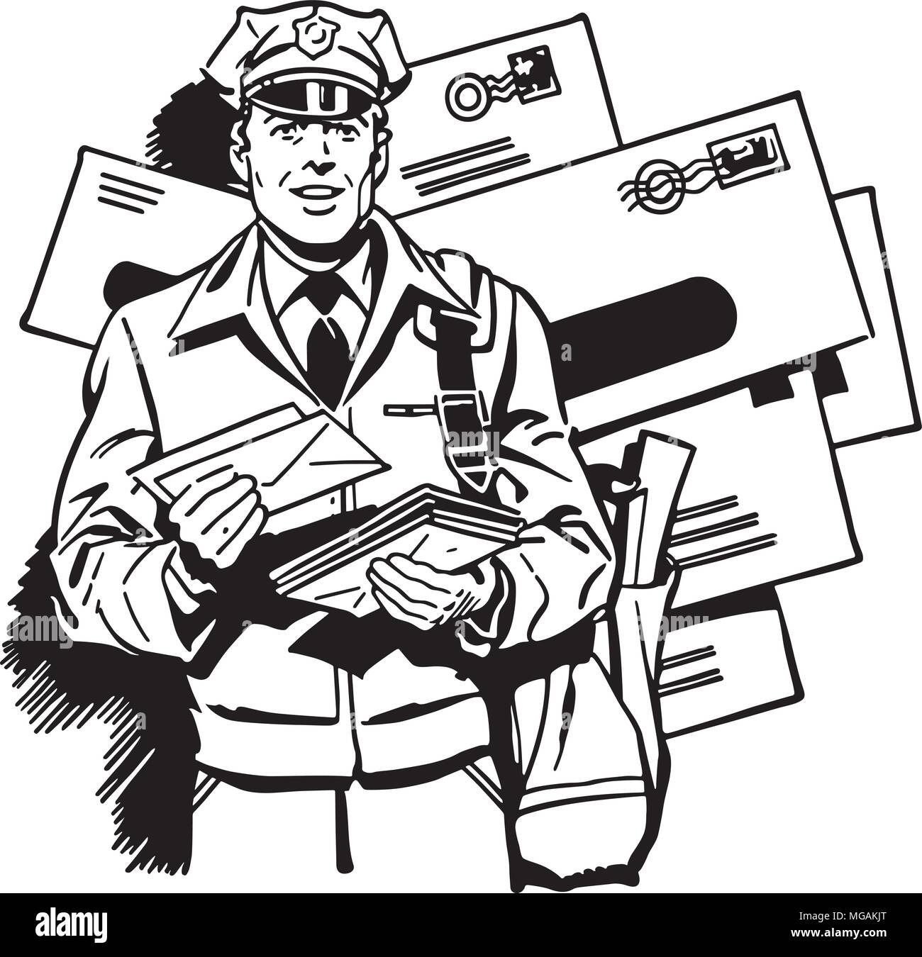 Postman Zustellung von Mails - Retro Clipart Illustration Stock Vektor