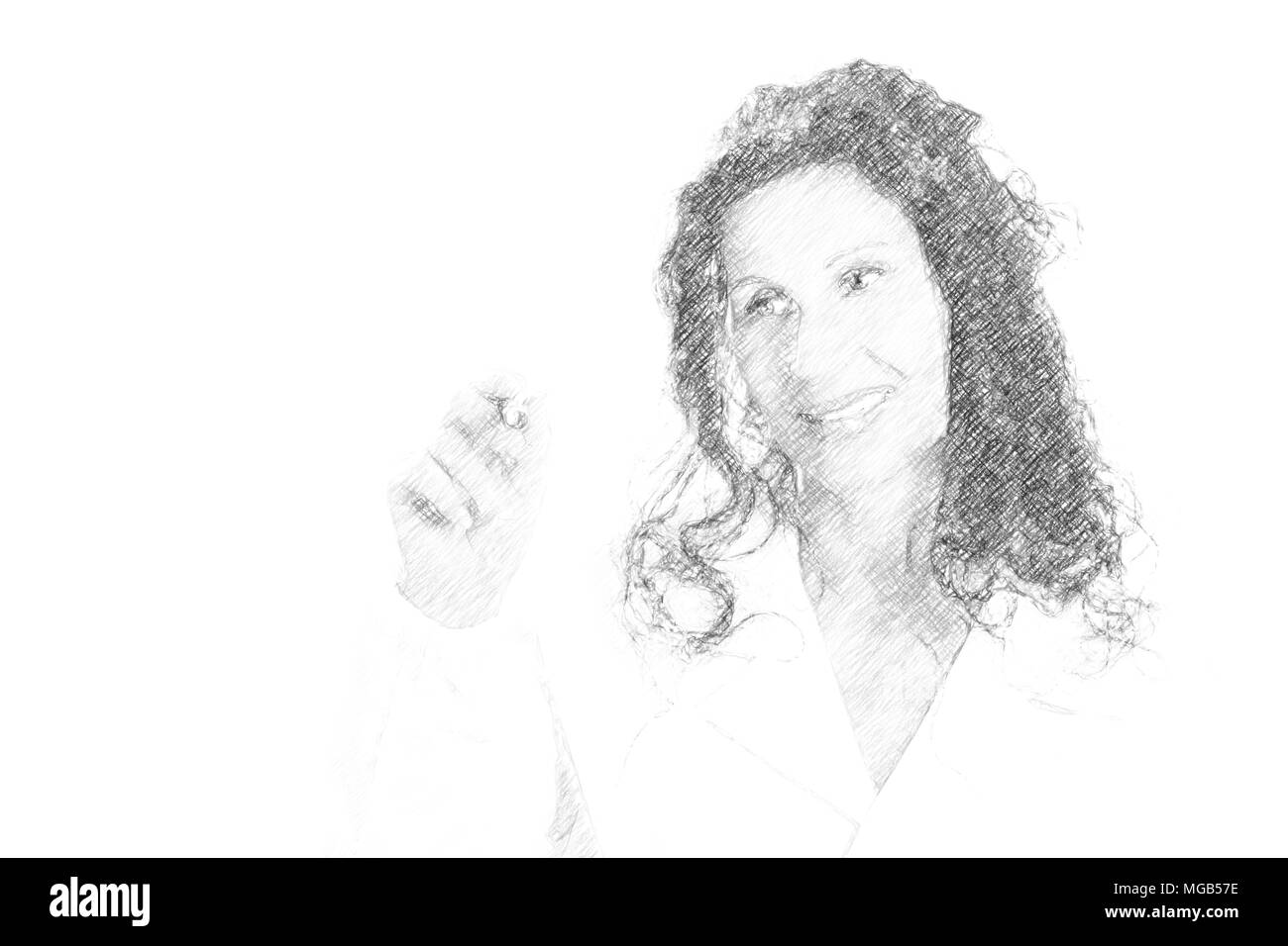 Abbildung: Schöne Arzt Frau in Medical Gown schreiben in der Luft mit einem braunen Stift und es betrachtend, in Weiß isoliert Stockfoto