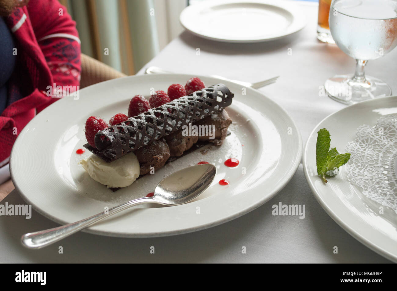 Die gourmet Chocolate Raspberry Dessert über einem Bett von Schokolade und weiße Schokoladenmousse garniert mit einem kreisförmigen Schokolade Gitter Stockfoto
