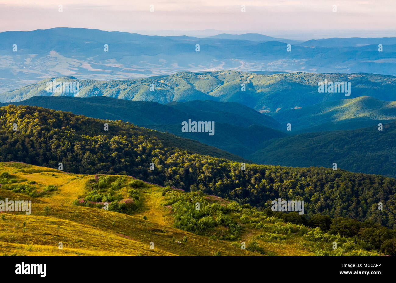 Sun lit Tal am Nachmittag. schönen bergigen Landschaft und bewölkter Himmel in goldenes Licht. schöne Landschaft nach dem Sturm. Blick von der Spitze eines Hi Stockfoto