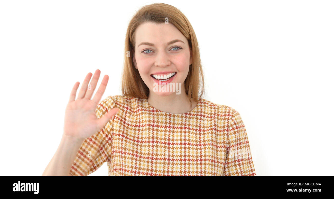 Frau: Hallo, ihre Hand Positive Mädchen winken Stockfoto