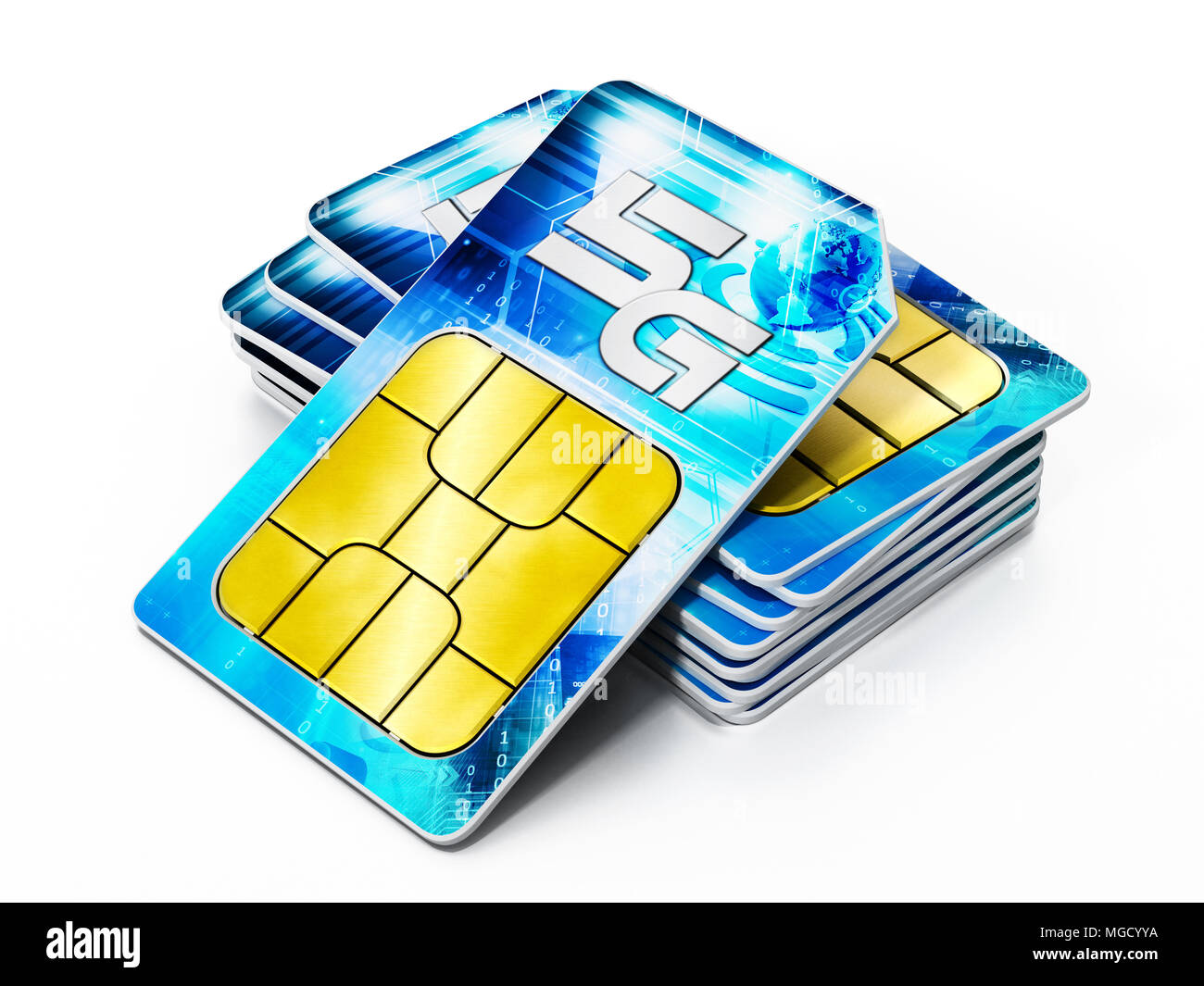 5G-SIM-Karten auf weißem Hintergrund. 3D-Darstellung. Stockfoto