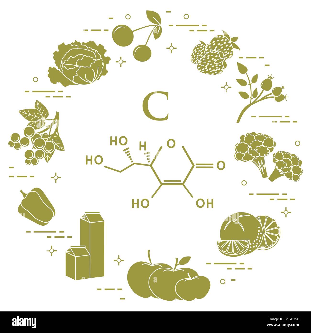 Lebensmittel, die reich an Vitamin C Kirsche, Erdbeere, Dog Rose, Blumenkohl, Orangen, Äpfel, Milch, Milchprodukte, Paprika, Schwarze Johannisbeeren, Kohl. Stock Vektor