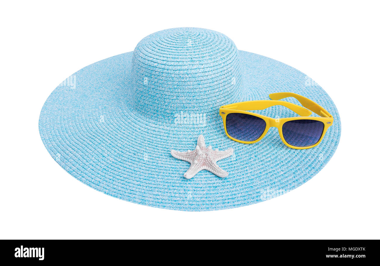 Sonnenbrille, Seesterne und Hut. Stockfoto