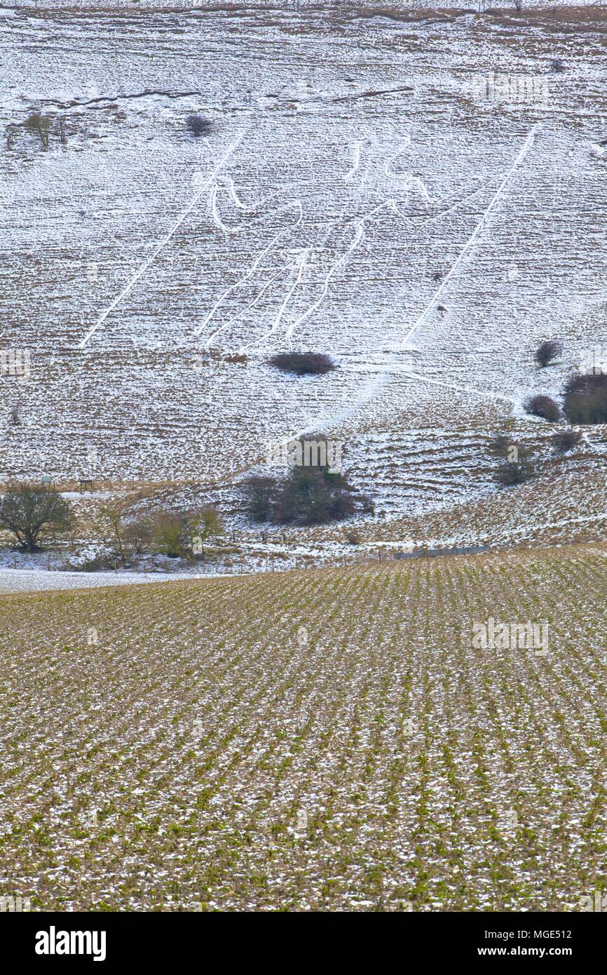 Schnee lange Mann von Wilmington, Wilmington, South Downs, East Sussex, Großbritannien, Europa Stockfoto