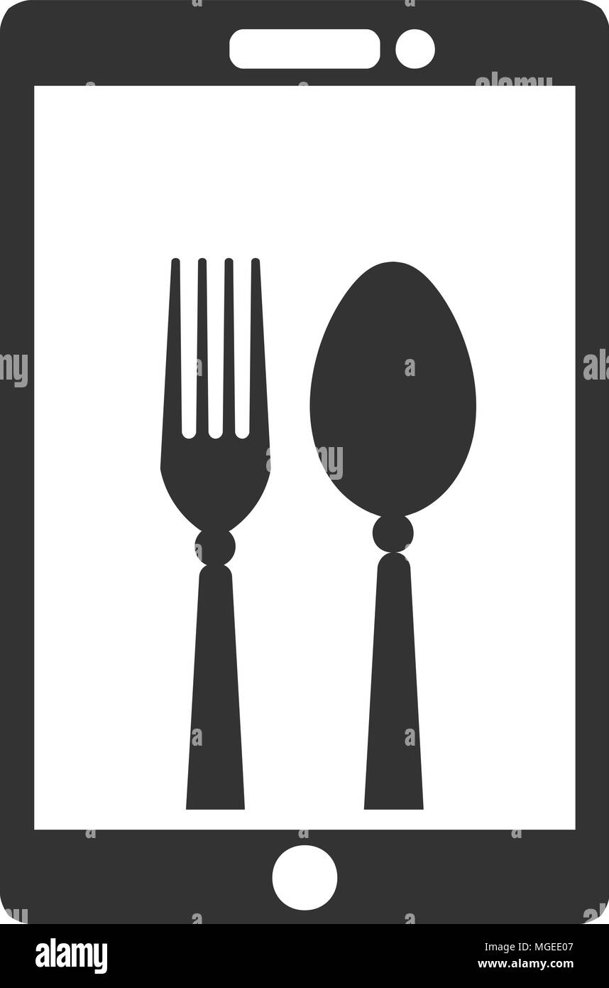 Essen app Symbol Vektor, Gabel und Löffel mit Smartphone vector, Food online Vektor Stock Vektor