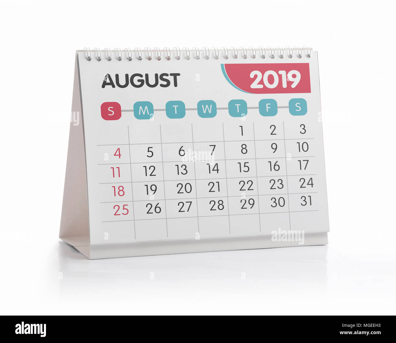August weiße Office Kalender 2019 isoliert auf weißem Stockfoto