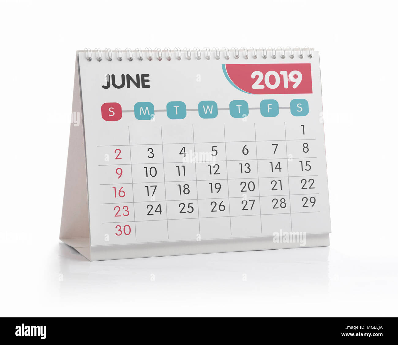 Juni weiße Office Kalender 2019 isoliert auf weißem Stockfoto