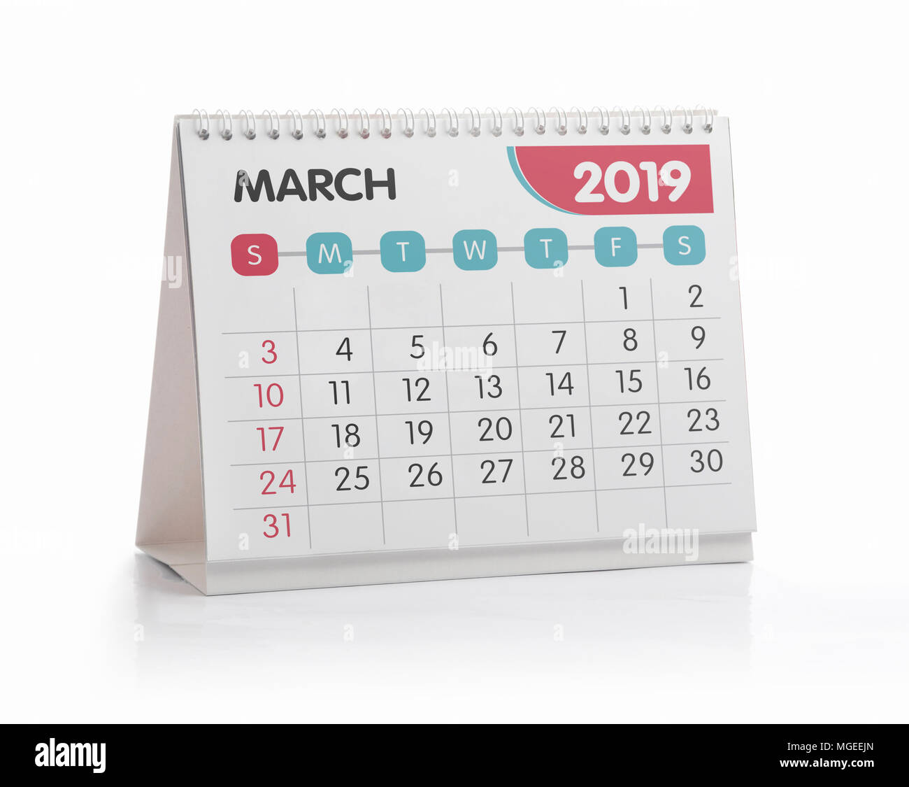 März weiß Office Kalender 2019 isoliert auf weißem Stockfoto