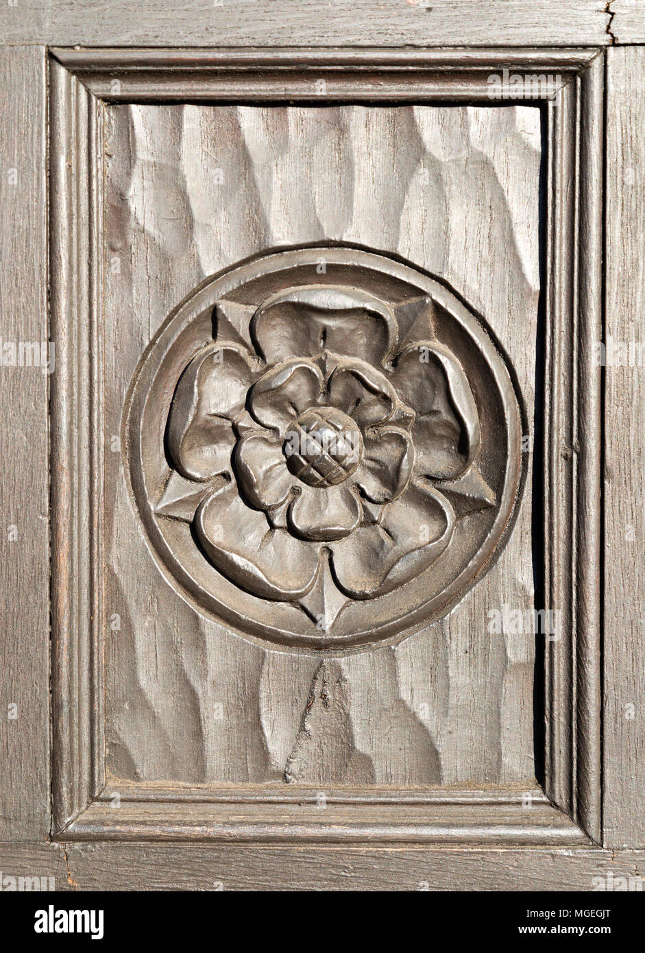 Historische geschnitzten Tudor Rose auf hölzerne Verkleidung an der Tür des Hauses in Marlborough, Wiltshire, England, Großbritannien Stockfoto