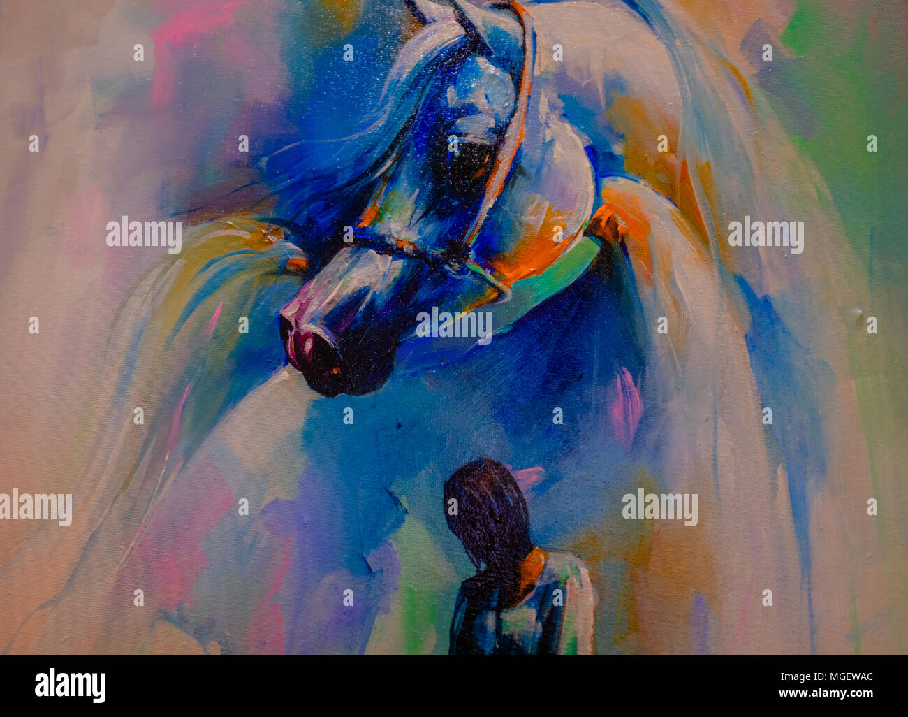 Kreative Kunstwerke - Acryl Leinwand Gemälde von Frau und Pferd Stockfoto