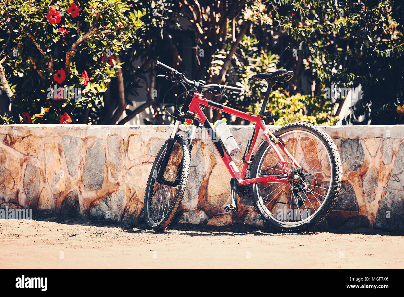 Eine alte Red Mountain bike auf einem Bürgersteig gegen eine Mauer aus Stein, die von einem Garten lehnte Stockfoto