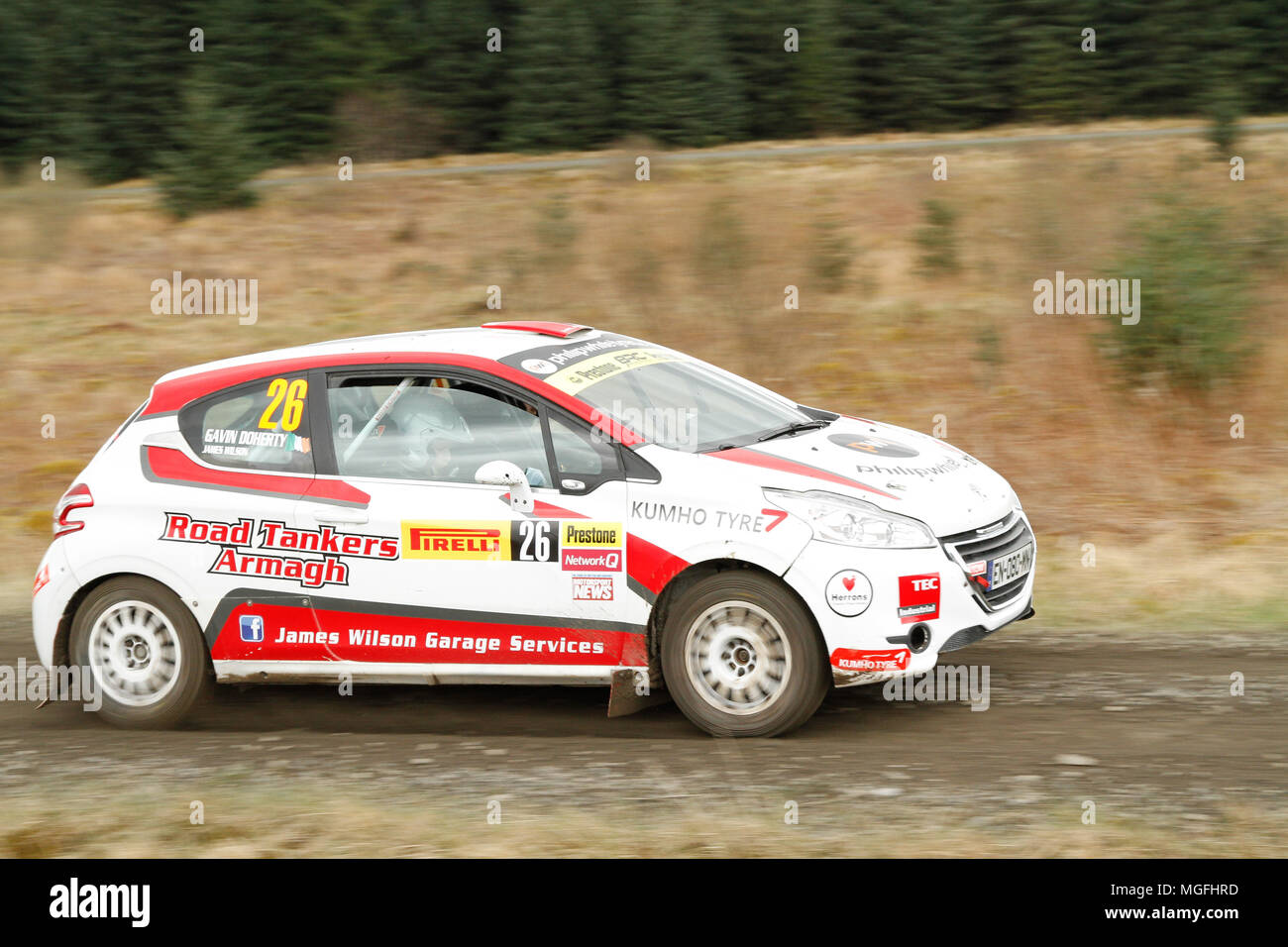 Kielder Forest, Northumberland, Großbritannien, 28. April 2018. Rallye Fahrer konkurrieren in der Pirelli internationale Rallye und der zweiten Runde der Prestone World Rally Championship. (Spezielle Phase 1 - Pundershaw 1). Andrew Cheal/Alamy leben Nachrichten Stockfoto