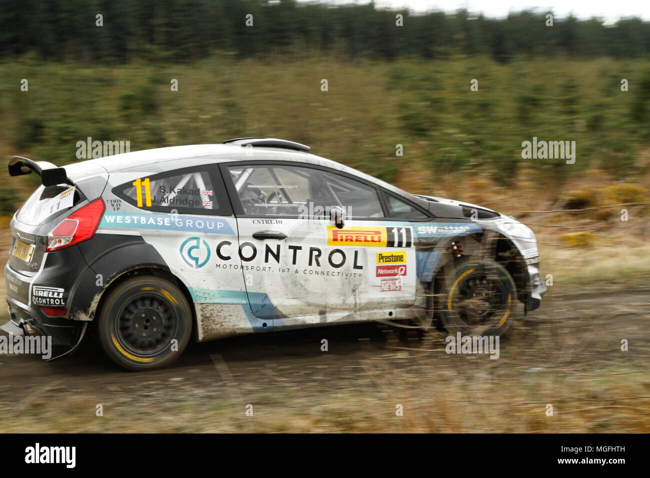 Kielder Forest, Northumberland, Großbritannien, 28. April 2018. Rallye Fahrer konkurrieren in der Pirelli internationale Rallye und der zweiten Runde der Prestone World Rally Championship. (Spezielle Phase 1 - Pundershaw 1). Andrew Cheal/Alamy leben Nachrichten Stockfoto