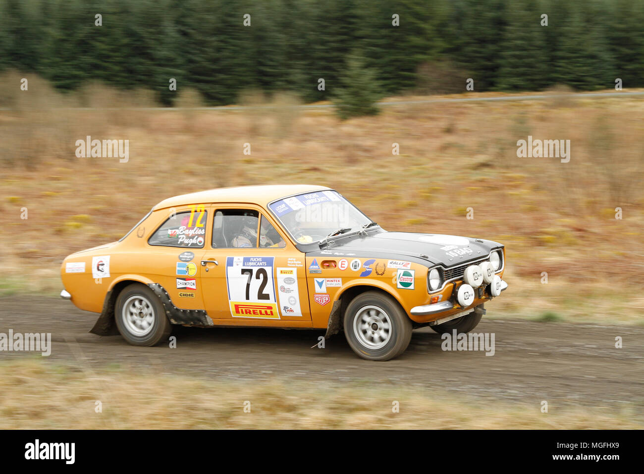 Kielder Forest, Northumberland, Großbritannien, 28. April 2018. Rallye Fahrer konkurrieren in der Pirelli internationale Rallye und der FUCHS Schmiermittel MSA British historischen Rally Championship. (Spezielle Phase 1 - Pundershaw 1). Andrew Cheal/Alamy leben Nachrichten Stockfoto