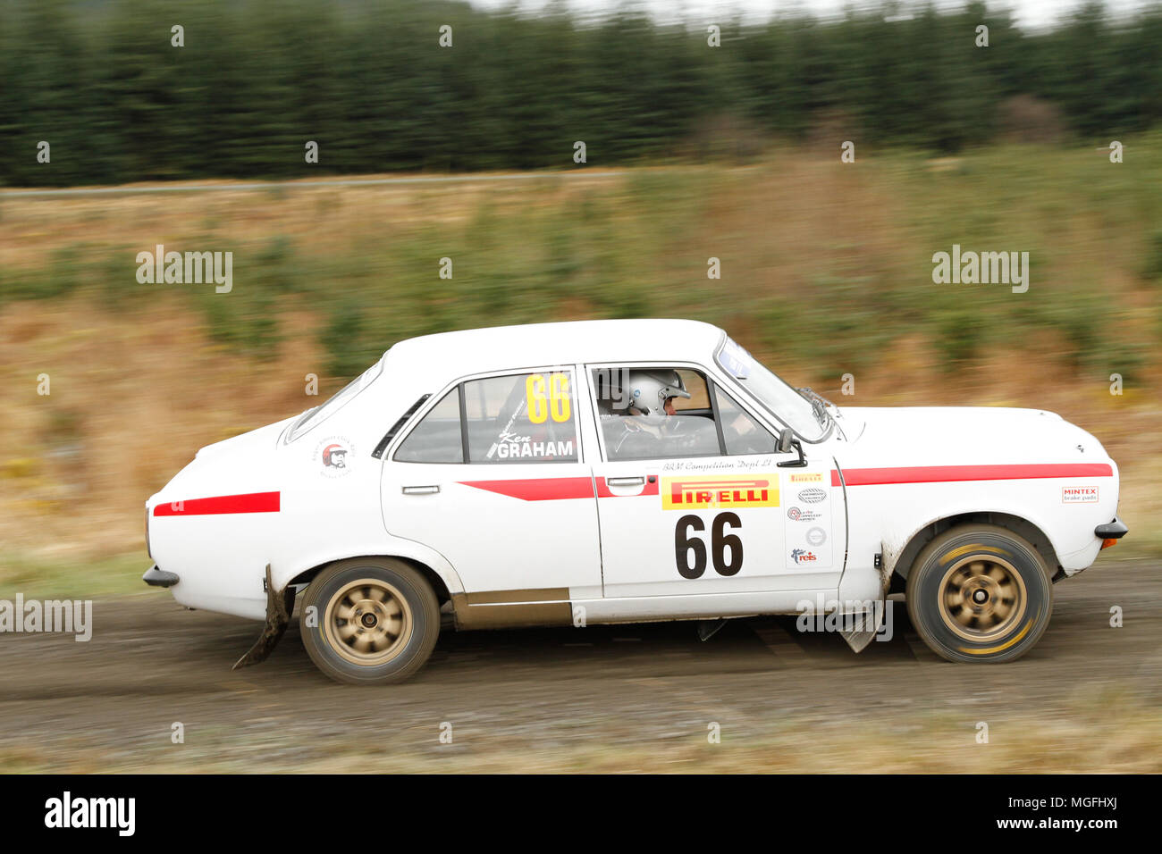 Kielder Forest, Northumberland, Großbritannien, 28. April 2018. Rallye Fahrer konkurrieren in der Pirelli internationale Rallye und der FUCHS Schmiermittel MSA British historischen Rally Championship. (Spezielle Phase 1 - Pundershaw 1). Andrew Cheal/Alamy leben Nachrichten Stockfoto