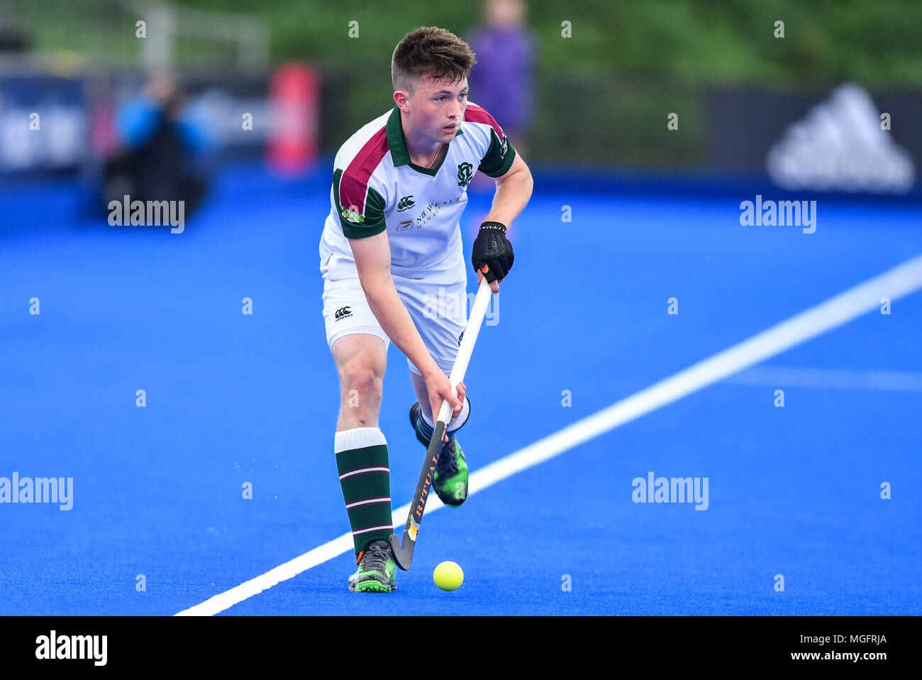 London, Großbritannien. 28 Apr, 2018. Zach Wallace von Surbiton in Aktion während der Mhl Halbfinale 2 zwischen Surbiton (2.) v Beeston (3.) Der 2018 England Hockey League Finale am Samstag, den 28. April 2018. London, England. Credit: Taka Wu/Alamy Live News Credit: Taka Wu/Alamy leben Nachrichten Stockfoto