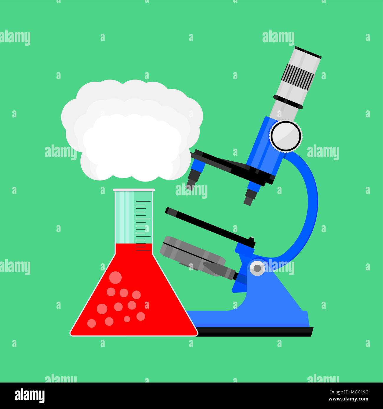 Wissenschaftliche Forschung Mikroskop und Lampe. Labor Wissenschaft, Chemie und rote Substanz. Vector Illustration Stock Vektor