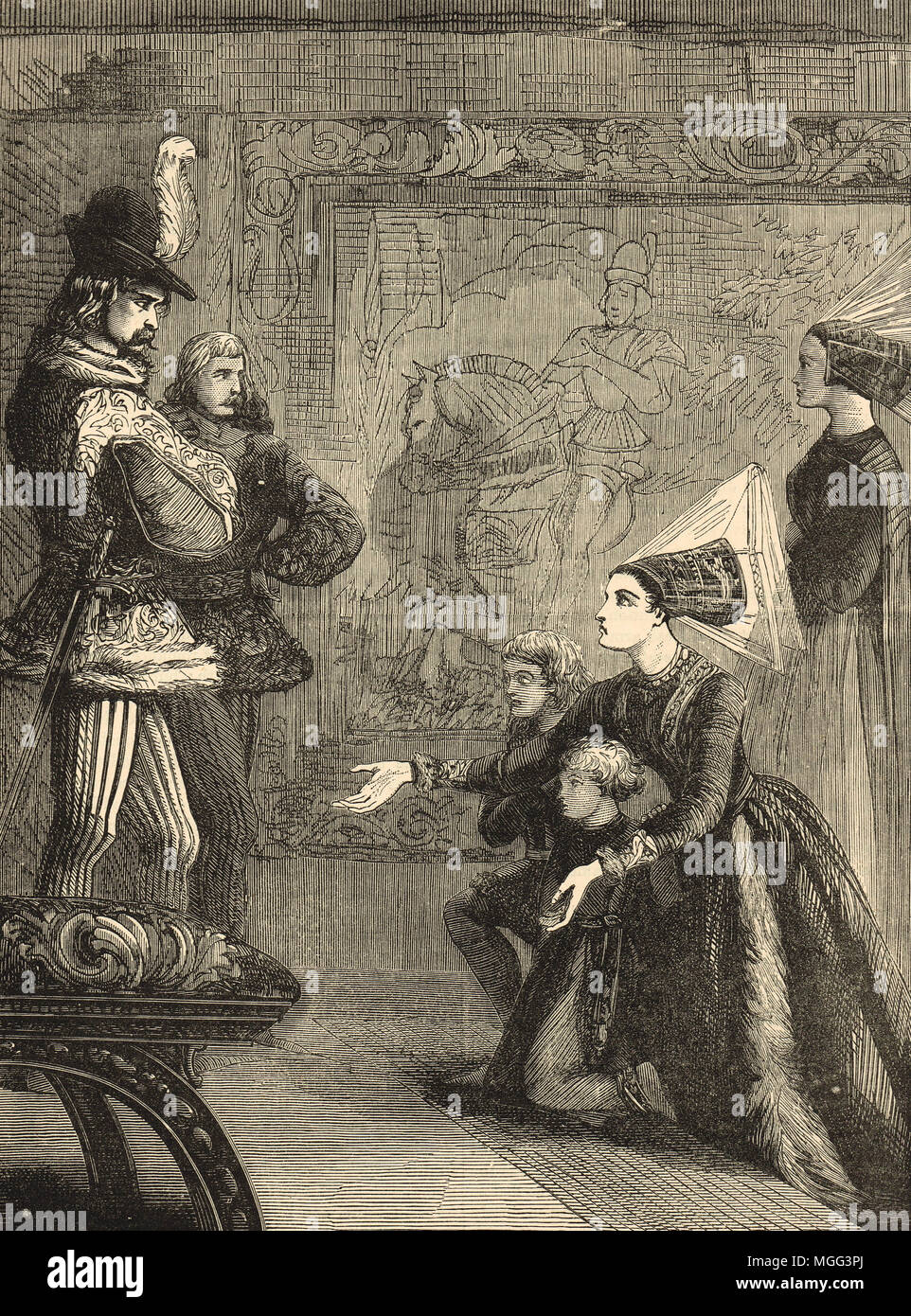 Elizabeth Woodville, Lady Elizabeth Gray, Petitionen beim Yorkist König Edward IV und plädierte für die Rückgabe von Land ihres Mannes. Ihr erster Mann Sir John Gray (ein lancastrian Supporter) starb in der zweiten Schlacht von St Albans in 1461. Edward und Elizabeth später heiratete und sie waren die Eltern von die Prinzen im Tower. Stockfoto