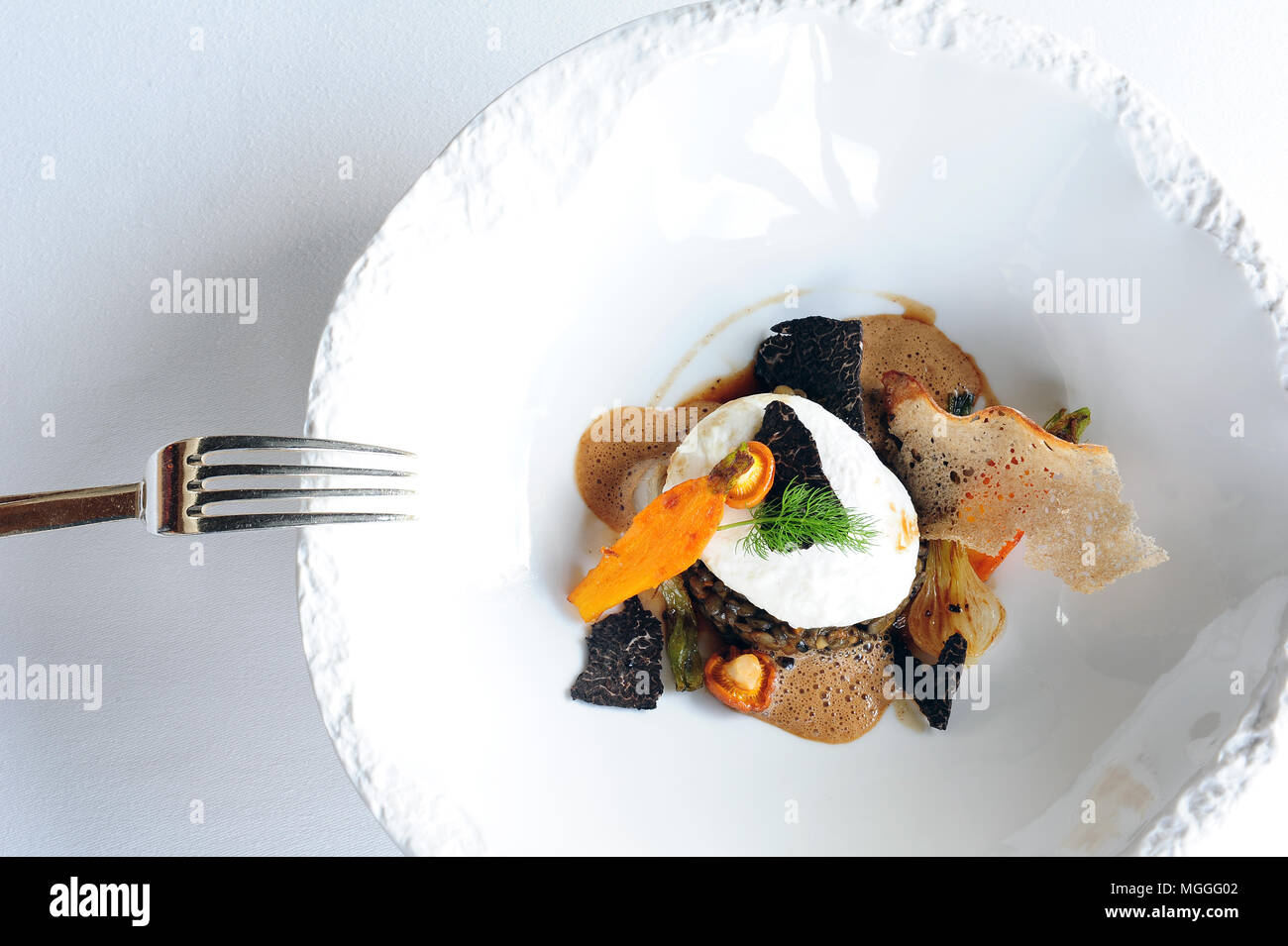 Das mit einem Michelin-Stern ausgezeichnete Küchenchef Régis Marcon' ragoût de lentilles Vertes de Puy avec Truffes et oeuf de Poule fumé' Stockfoto