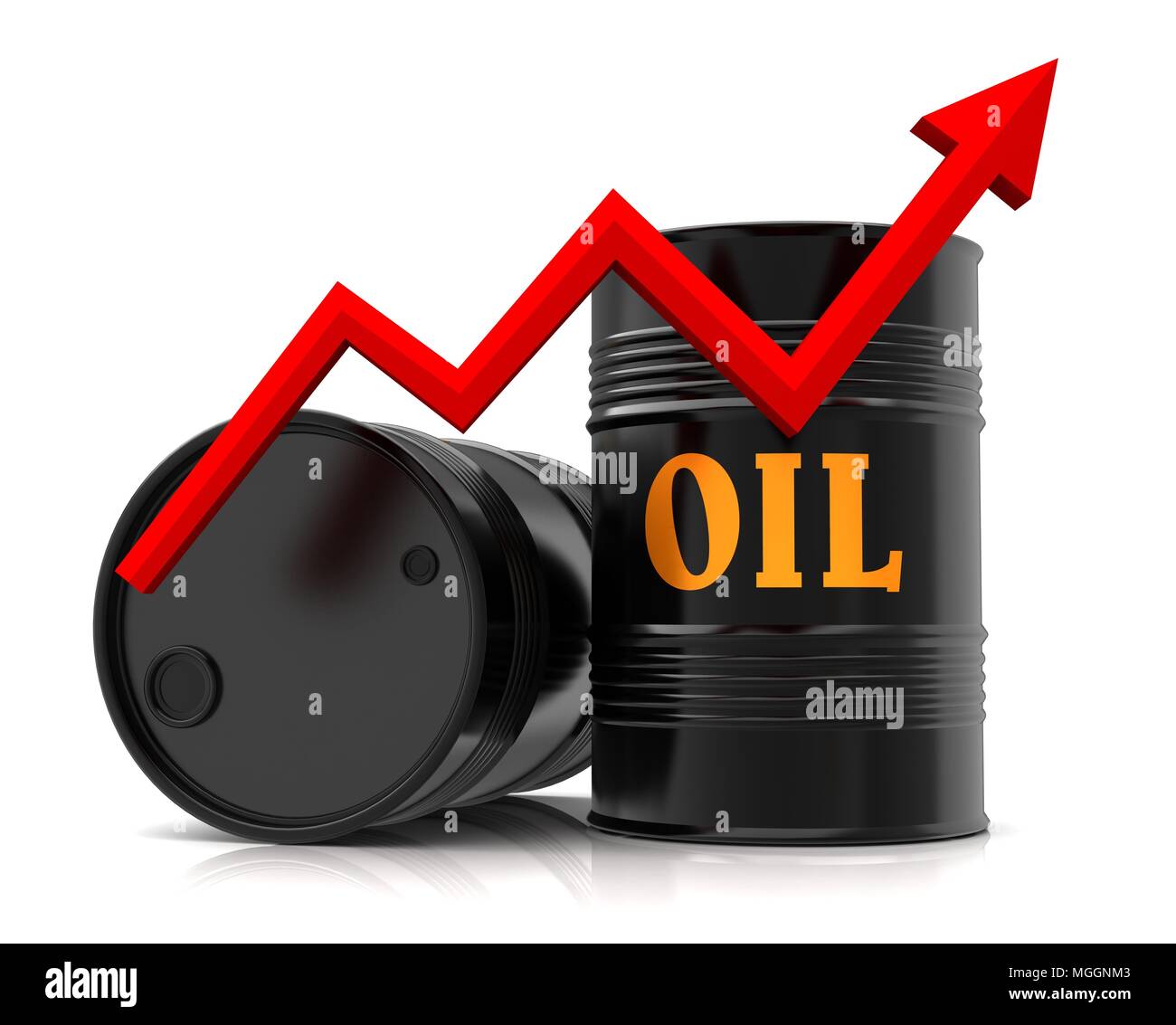 Barrel Erdöl und aufwärts Grafik 3d Illustration isoliert auf weißem Hintergrund Stockfoto