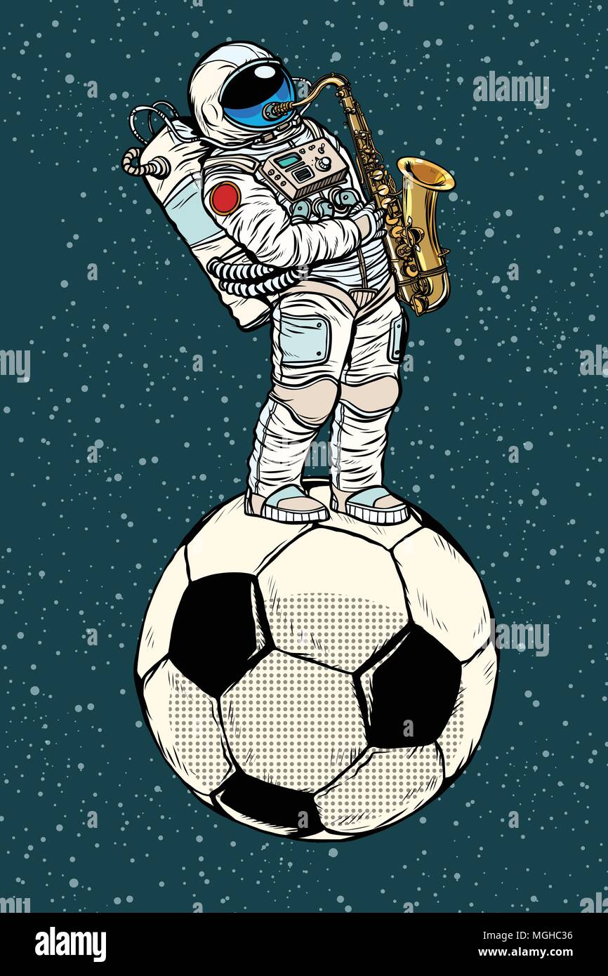 Astronaut spielt Saxophon auf einem Fußball Fußball Stock Vektor