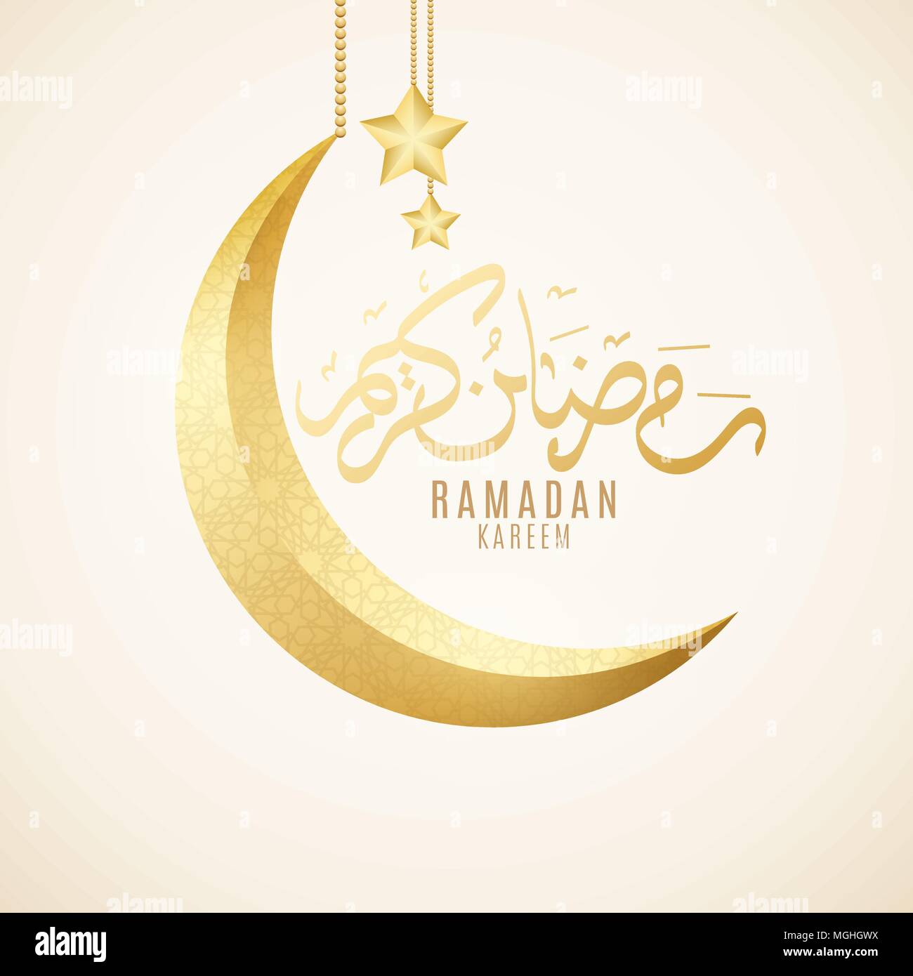 Grußkarte auf Ramadan Kareem. Golden luxus Crescent. Islamische geometrische Verzierung. Golden 3d Sterne hängen. Religion heiligen Monat. Hand Kalligraphie gezeichnet Stock Vektor