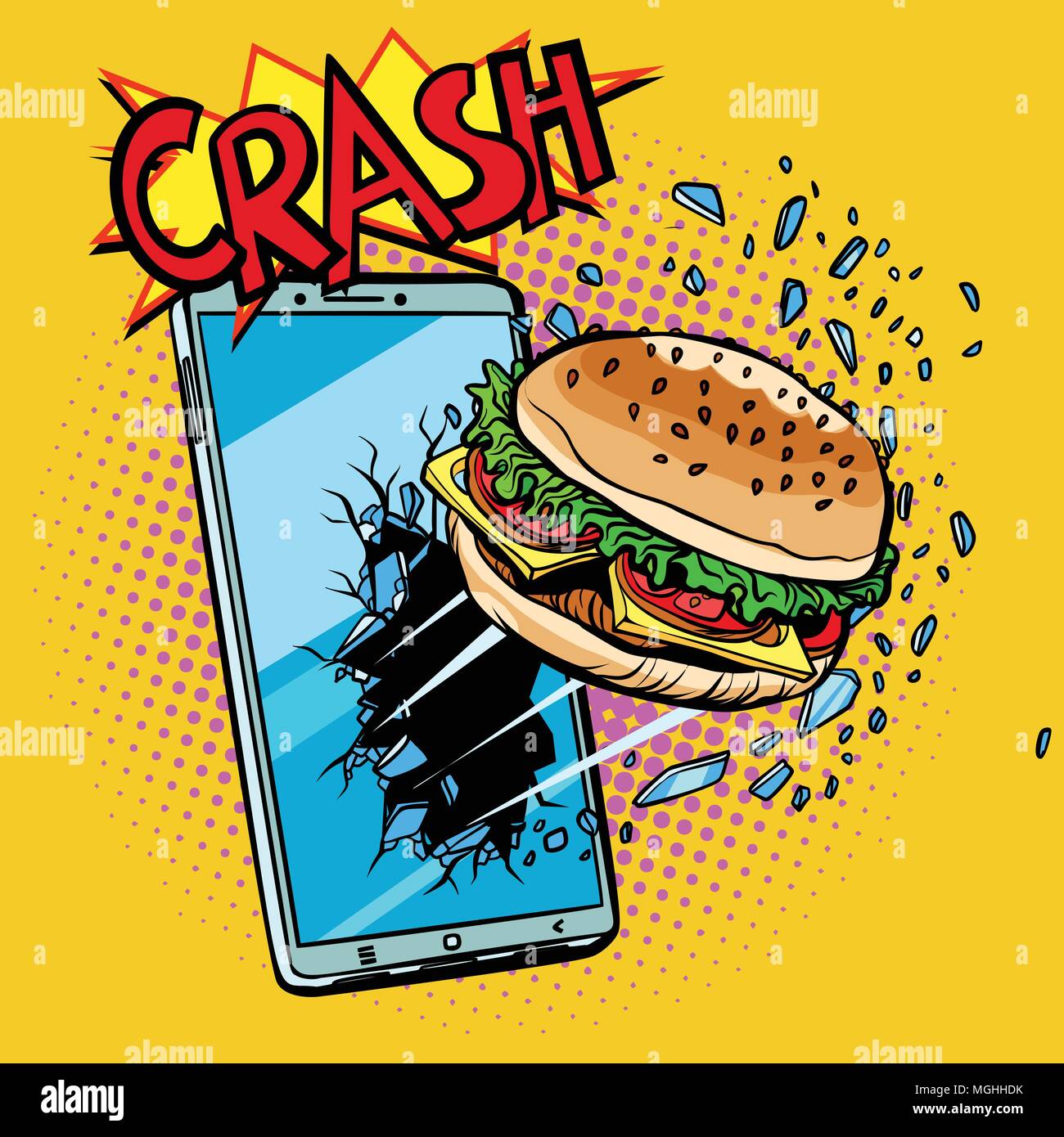 Online food Konzept, Burger und Smartphone Stock Vektor