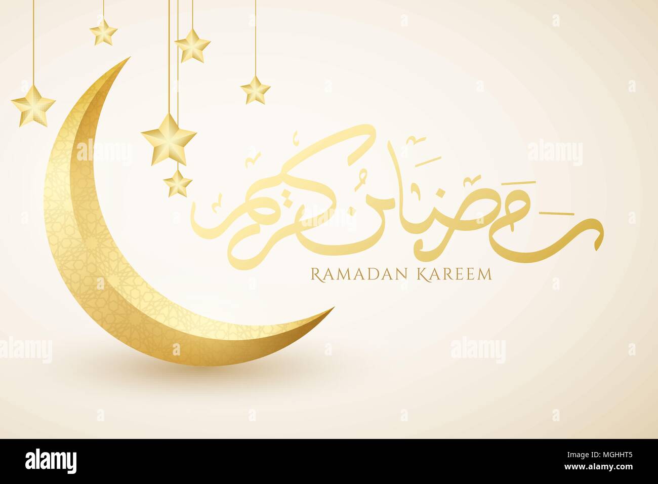 Werbebanner auf Ramadan Kareem. Golden luxus Crescent. Islamische geometrische Verzierung. Golden 3d Sterne hängen. Religion heiligen Monat. Hand callig gezeichnet Stock Vektor