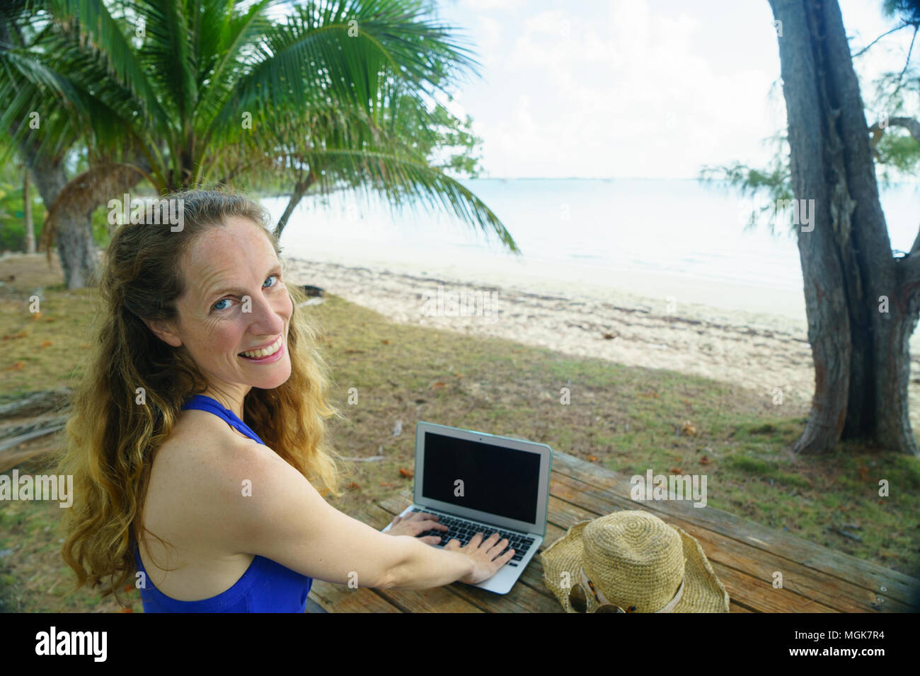 Digital nomad Arbeiten von einer Insel Strand mit Palmen und Sandstrand  Stockfotografie - Alamy