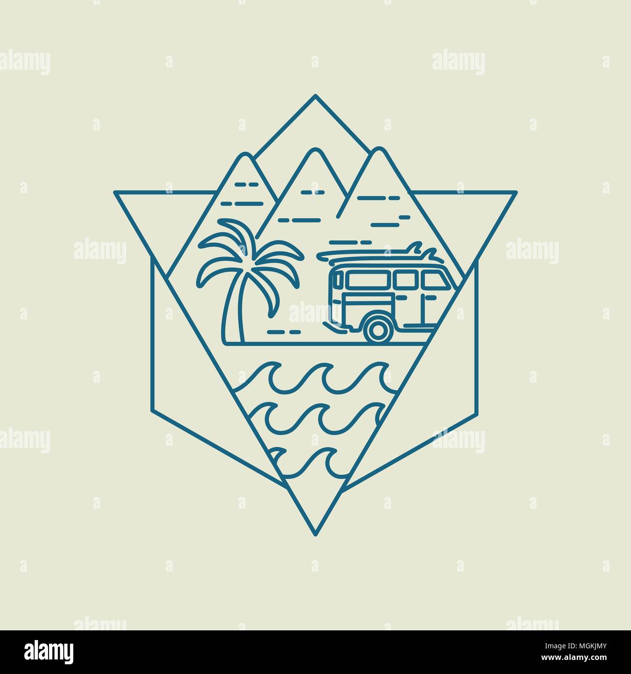 Surfer line Art Symbol, Surfbretter in Retro Van am Strand. Surfen Urlaub Label mit abstrakten Rahmen. EPS 10 Vektor. Stock Vektor