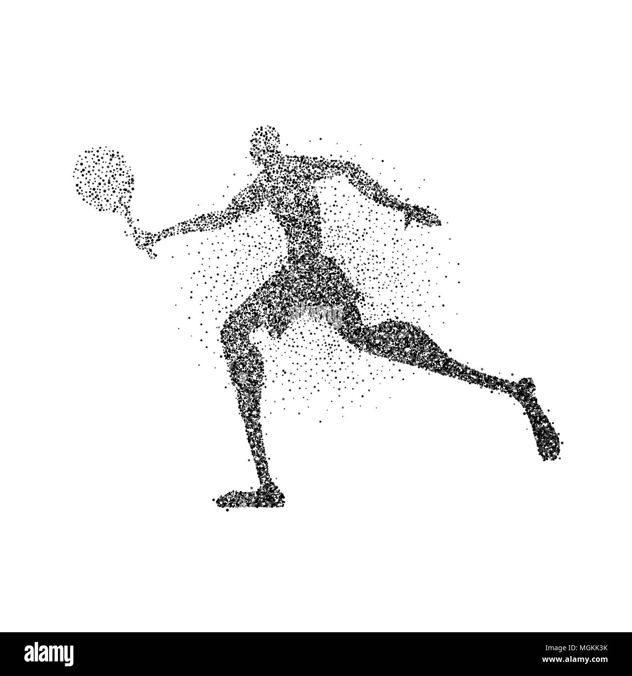 Tennis Player Silhouette aus schwarzem Partikelfilter splash auf isolierten Hintergrund. Abstrakte Athlet Mann laufen mit Schläger. EPS 10 Vektor. Stock Vektor