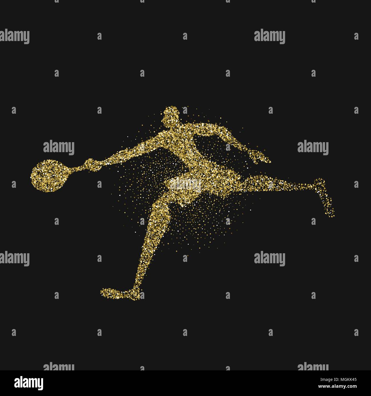 Tennis Player Silhouette aus gold Glitter splash auf schwarzem Hintergrund. Goldene Farbe Athlet Mann laufen mit Schläger. EPS 10 Vektor. Stock Vektor