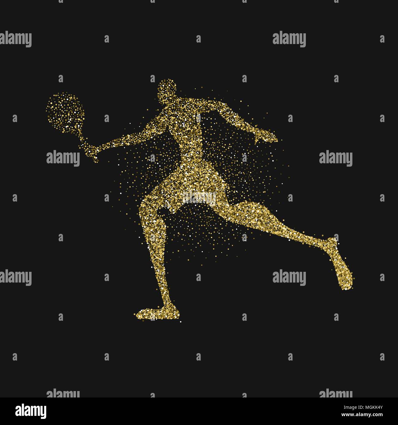 Tennis Player Silhouette aus gold Glitter splash auf schwarzem Hintergrund. Goldene Farbe Athlet Mann laufen mit Schläger. EPS 10 Vektor. Stock Vektor