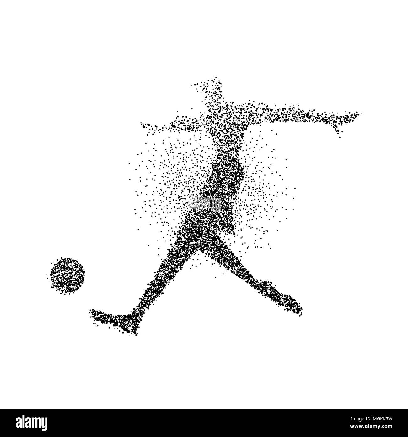 Soccer player Silhouette aus schwarzem Partikelfilter splash auf isolierten Hintergrund. Abstrakte Athlet Mann in der Bewegung mit Ball. EPS 10 Vektor. Stock Vektor