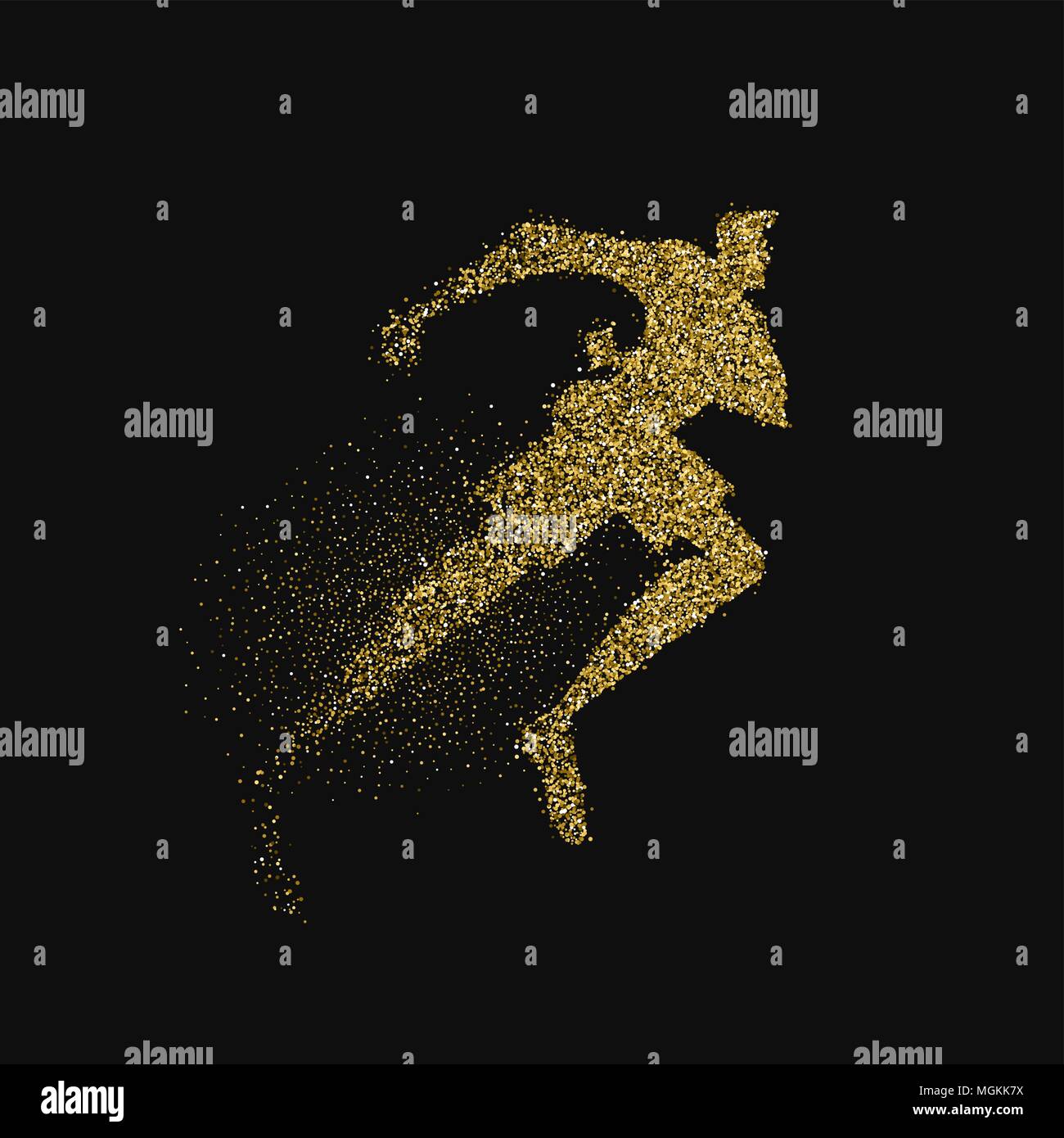 Runner Silhouette aus gold Glitter splash auf schwarzem Hintergrund. Goldene Farbe Mann laufen rennen. EPS 10 Vektor. Stock Vektor