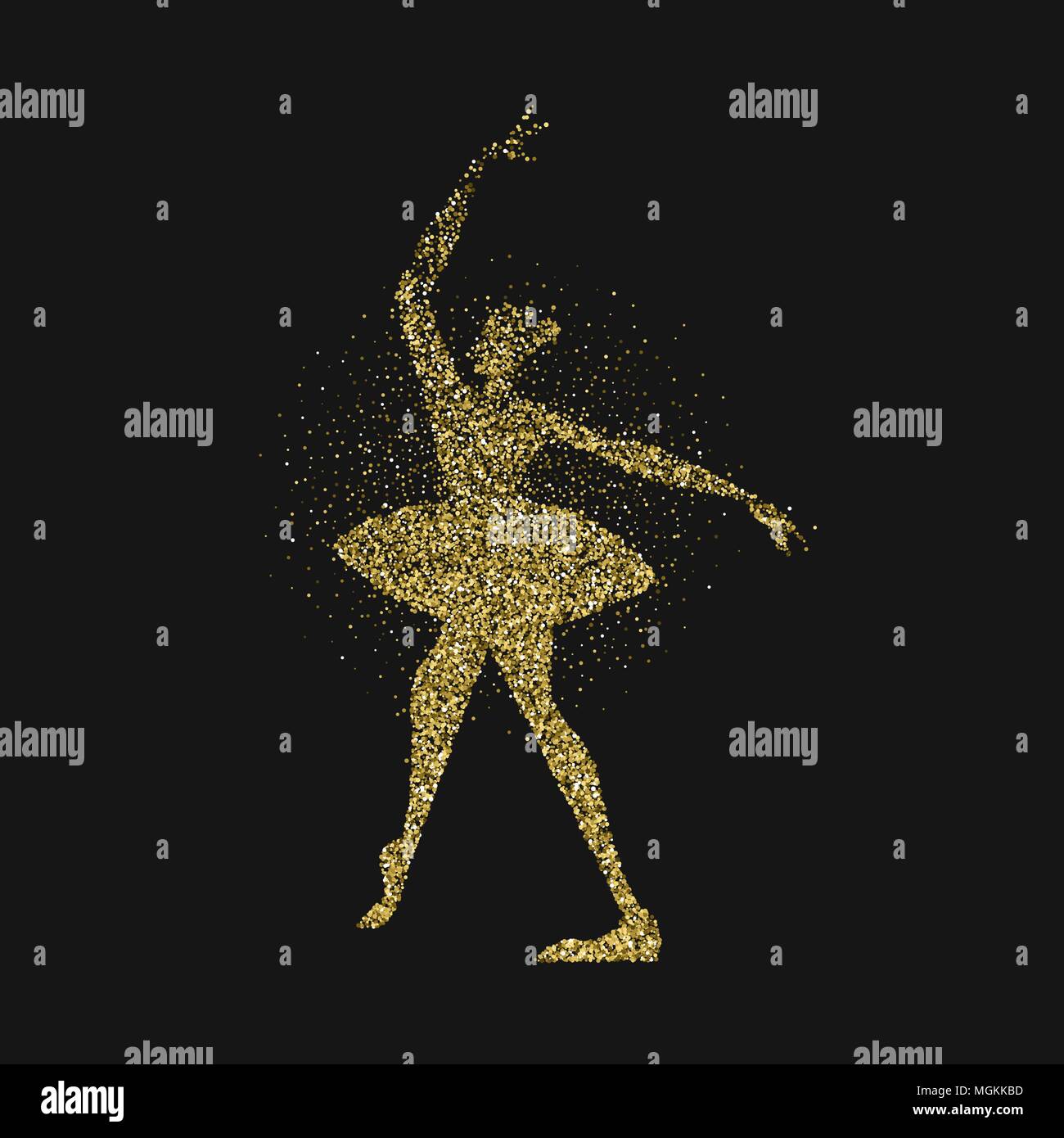Ballet Dancer girl Silhouette aus gold Glitter staub Splash. ballerina Woman Dancing in motion auf schwarzem Hintergrund. EPS 10 Vektor. Stock Vektor