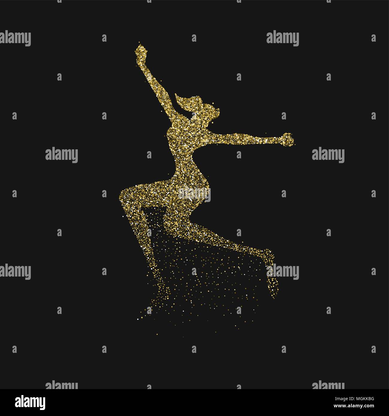 Mädchen springen Silhouette aus gold Glitter splash auf schwarzem Hintergrund. Golden Frau springen Pose in Aktion. EPS 10 Vektor. Stock Vektor