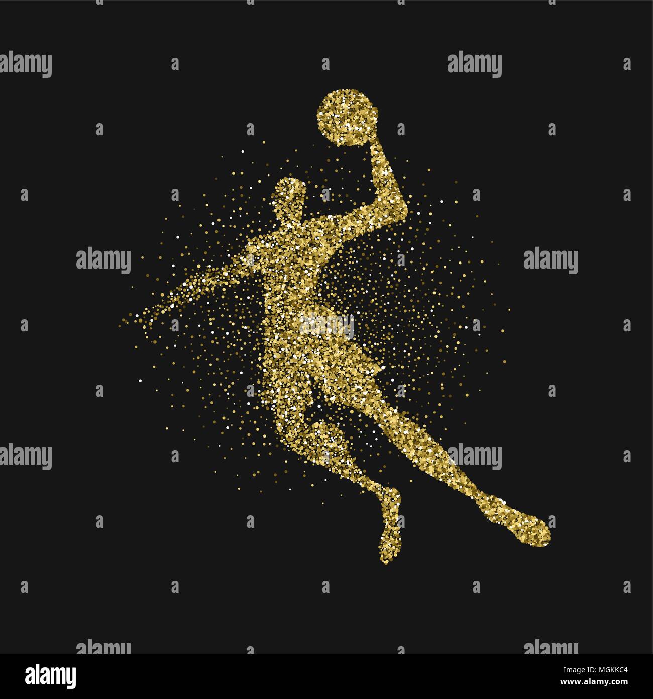 Basketball player Silhouette aus gold Glitter Staub splash auf schwarzem Hintergrund. Goldene Farbe Athlet Mann springen mit Basketball. EPS 10 Vektor. Stock Vektor