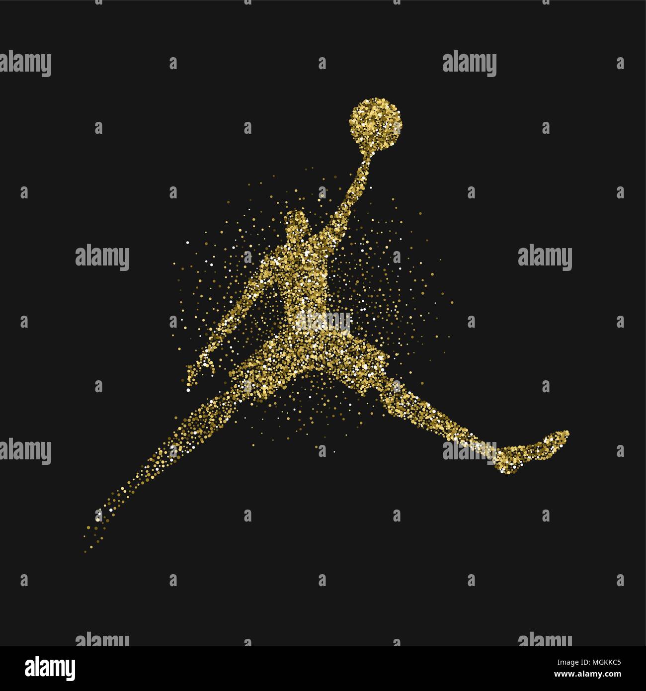 Basketball Spieler springen Silhouette gold glitzer Staub splash über schwarzen Hintergrund. Goldene Farbe Athlet Mann springen mit Basketball. EPS 10 ve Stock Vektor
