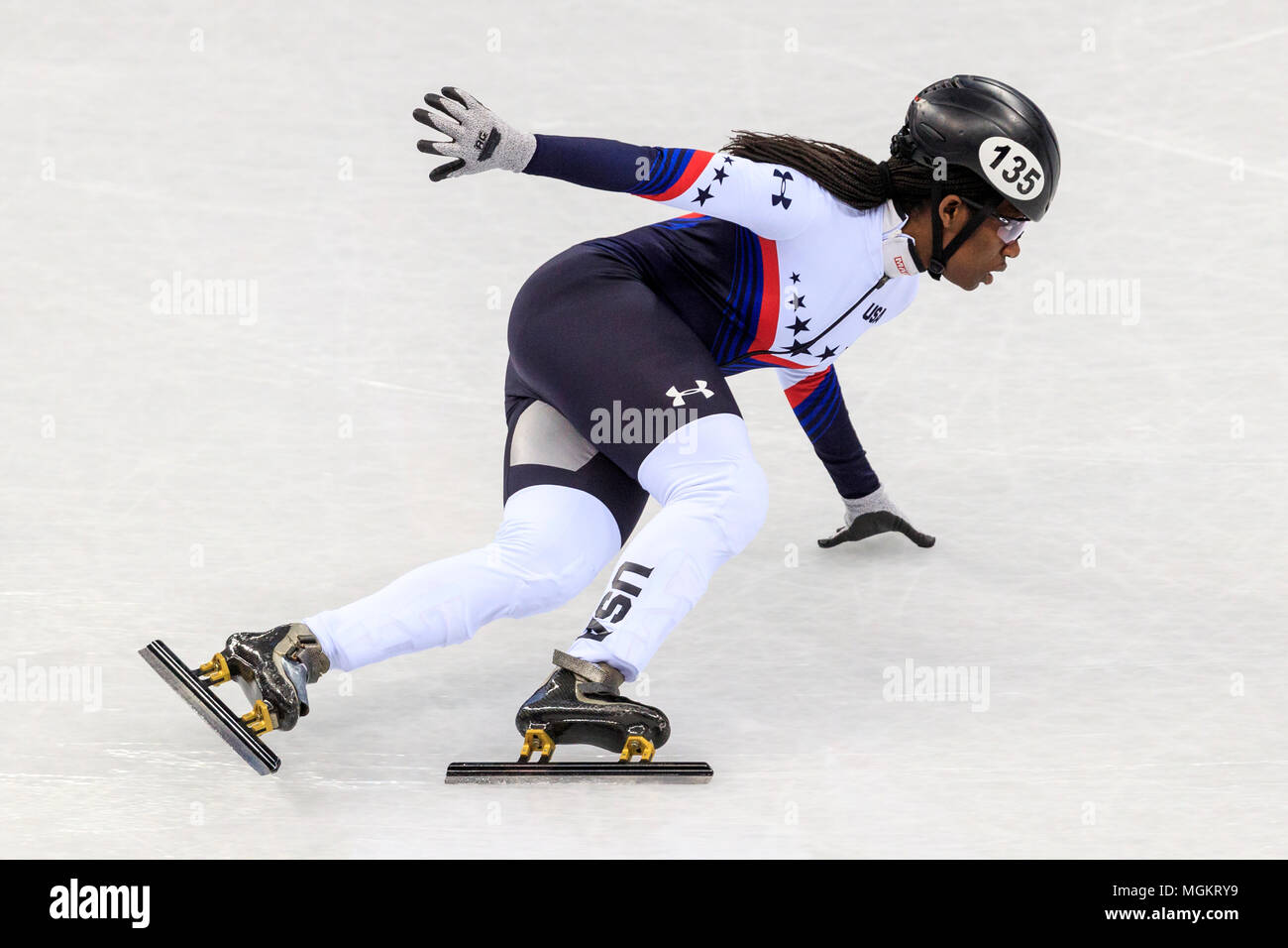 Maame Biney (USA) Nr. 135 in der Frauen 500 m Short Track Speed Skating Wärme 5 bei den Olympischen Winterspielen PyeongChang 2018 konkurrierenden Stockfoto