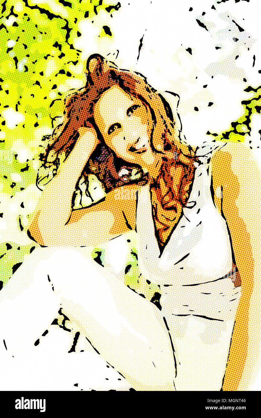 Abbildung: Schöne junge Frau lächelt tragen weiße Oberteil und Hose in die Kamera schaut und ihren Kopf in ein Beauty style Pose mit ihr Stockfoto