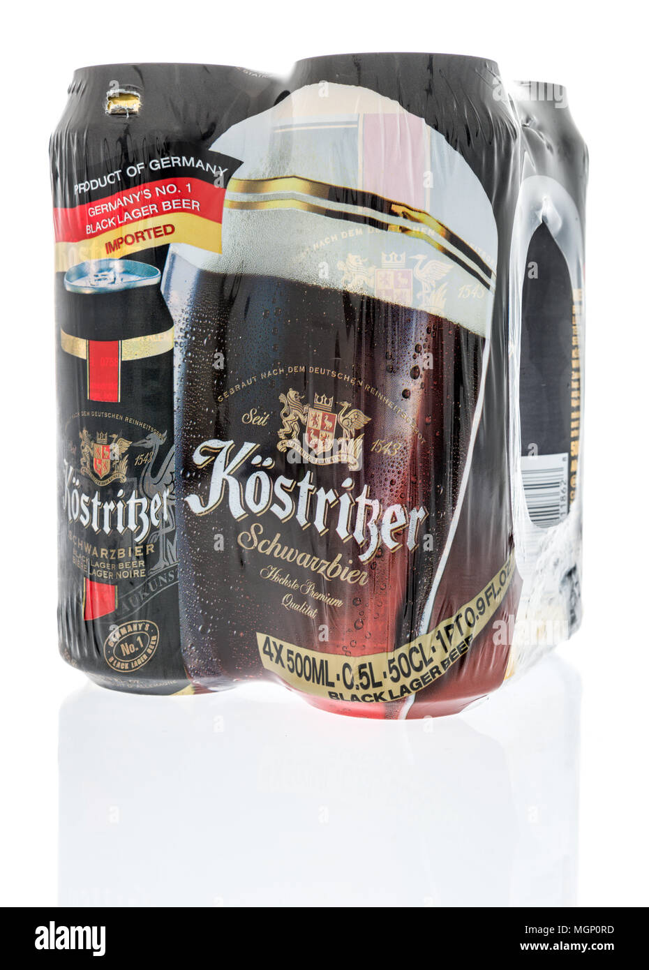 Winneconne, WI - 14. April 2018: Ein 4-Pack schwarz Kostritzer Lagerbier an einem isolierten Hintergrund. Stockfoto