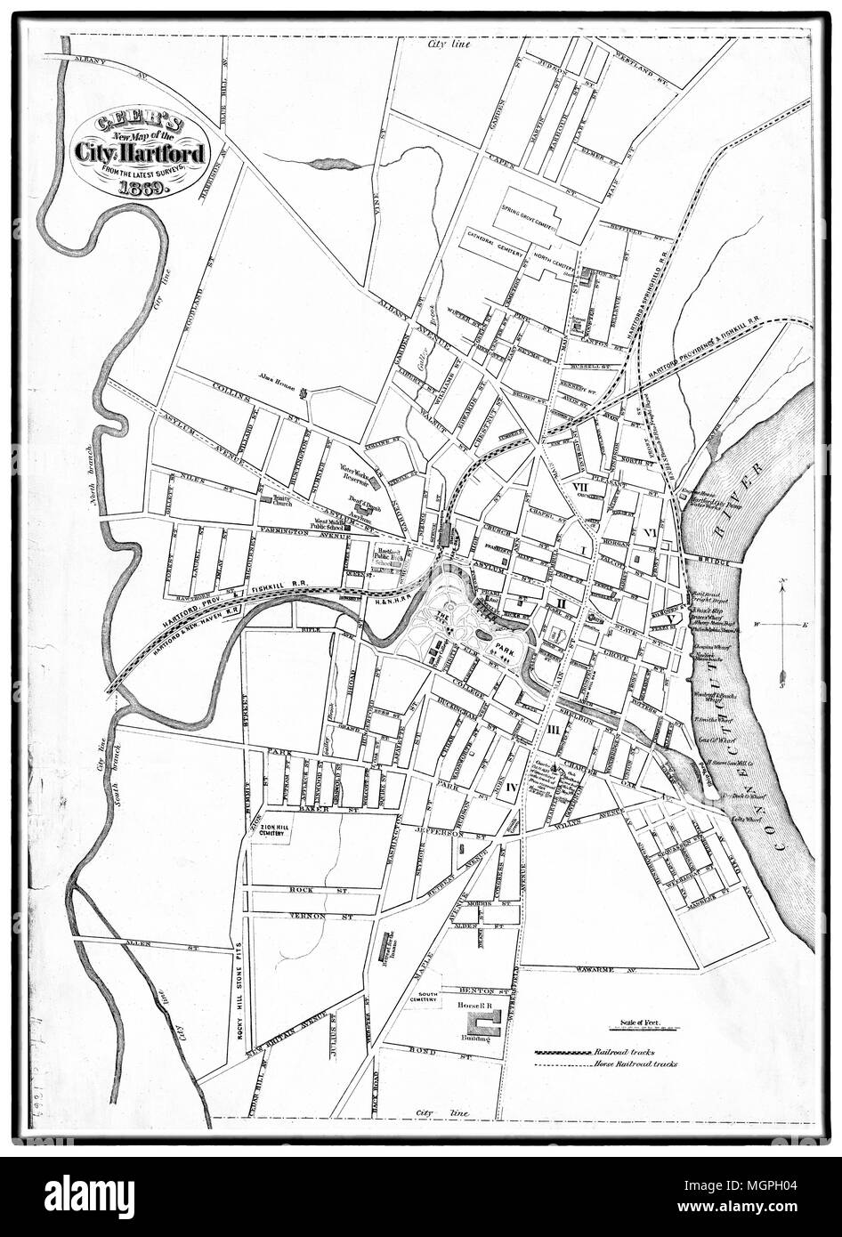 Hartford Connecticut 1859 Karte: Zeigt die Stadt Bezirke, Straßen, Eisenbahnen und Orte von bestehenden Gebäuden. Restaurierte Reproduktion. Stockfoto