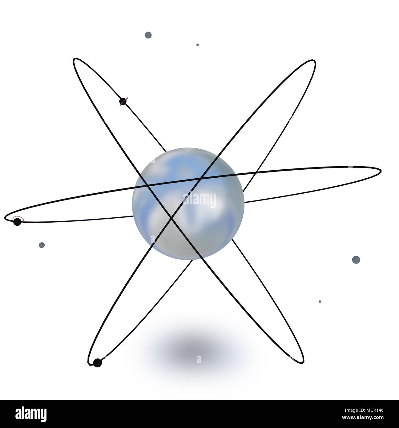 Atom blau Umlaufbahnen Wissenschaft, in weißem Hintergrund 3 isolierte d-Rendering Stockfoto