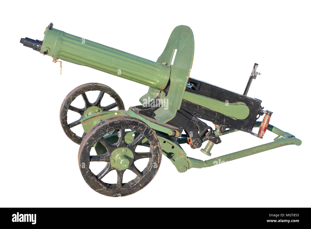 Maxim gun des frühen zwanzigsten Jahrhunderts, auf weißem Hintergrund Stockfoto