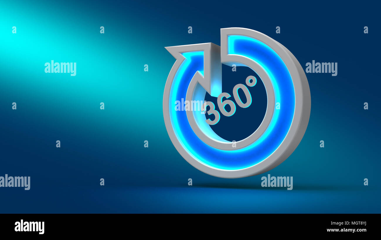 Leuchtende neon Big 360-Pfeil auf dem Tisch, auf blauem Hintergrund, 3D-Darstellung. Für die Gestaltung von Präsentationen. Stockfoto