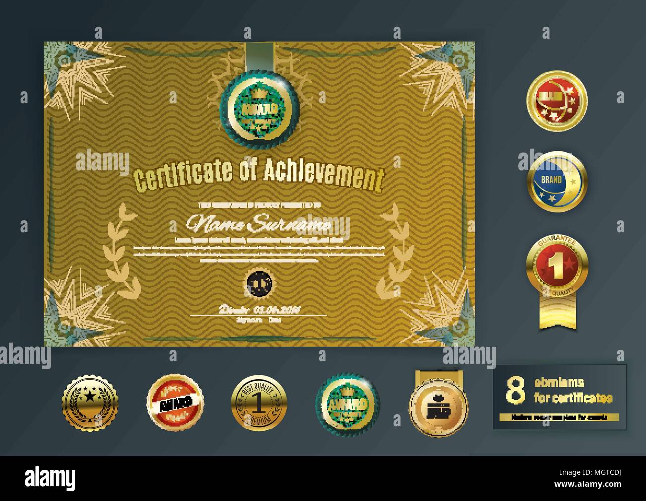 Offizielle retro Gold Zertifikat türkis Design Elemente. Satz von verschiedenen gold Embleme. Vintage modern leer. Klassischen Stil Stock Vektor
